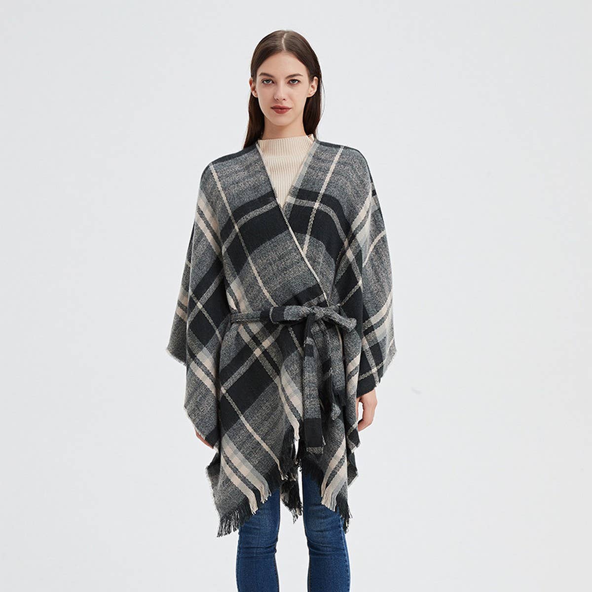 BLACK AND WHITE LINE CARDIGAN SHAWL CLOAK_CWASC0264