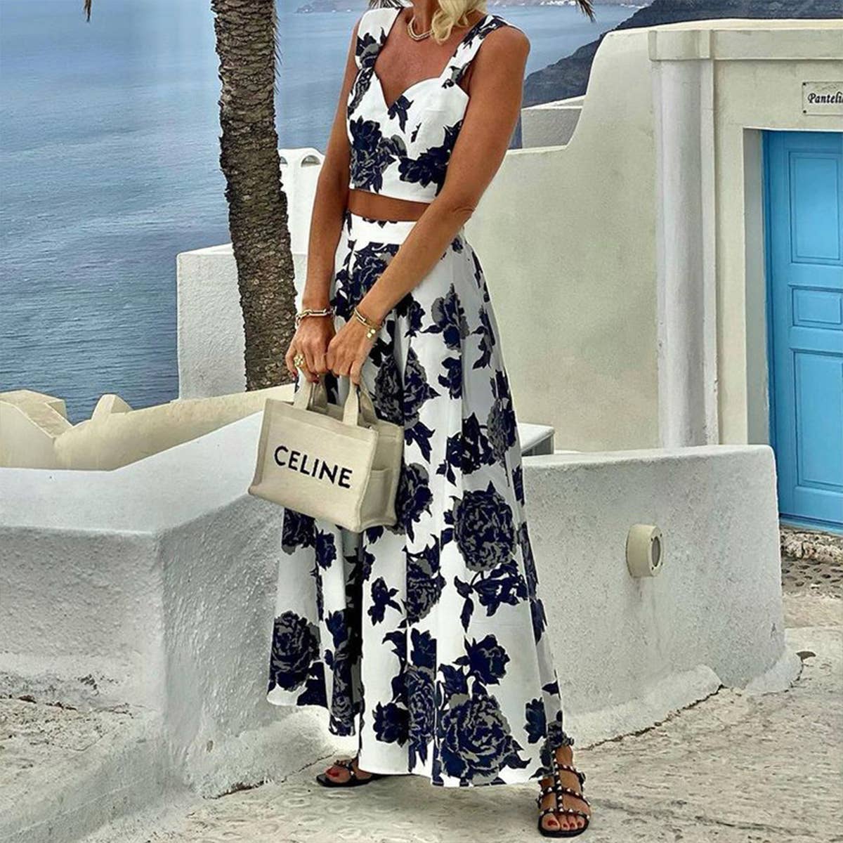 FASHION PRINT HALTER TOP SKIRT TWO-PIECE SET
