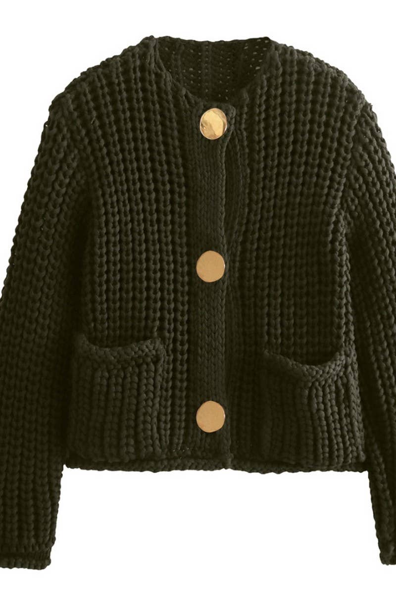 CWOCAL2046_SOLID COLOR METAL BUTTON CHUNKY KNIT CARDIGAN