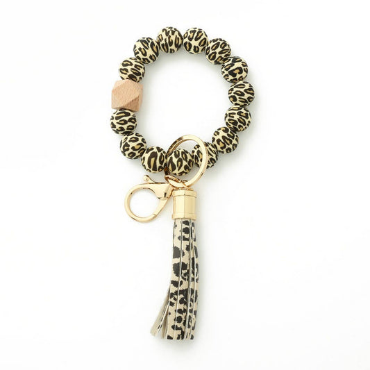 Leopard Print Silicone Bead Bracelet Keychain