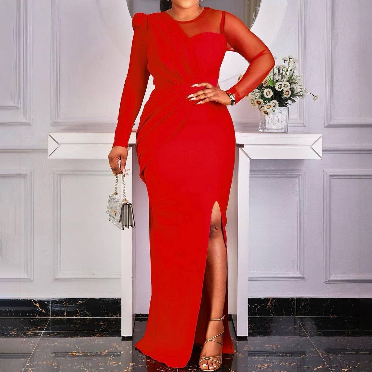 MESH SPLICING SOLID COLOR FASHIONABLE SLIT DRESS