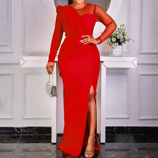 MESH SPLICING SOLID COLOR FASHIONABLE SLIT DRESS