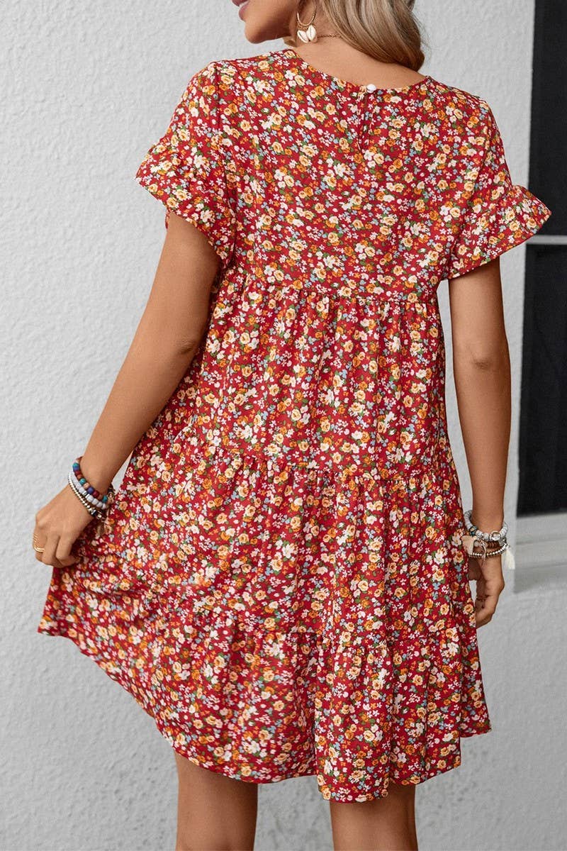 CWDSD2702_Round neck Print Short Sleeve Dress