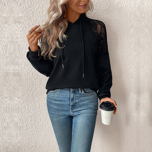 FASHIONABLE HOODED LACE PATCHWORK BLACK TOP
