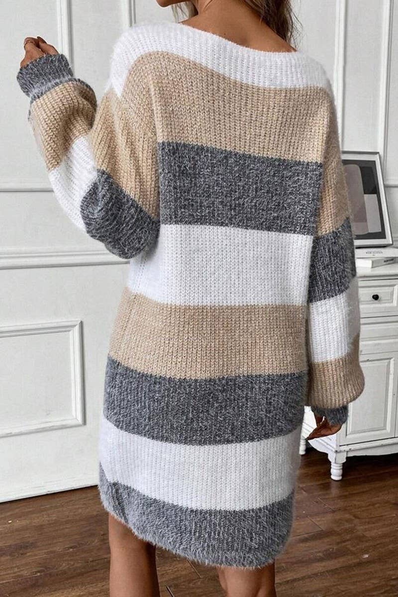 CWDSD10880_ROUND NECK COLORBLOCK STRIPED KNIT DRESS