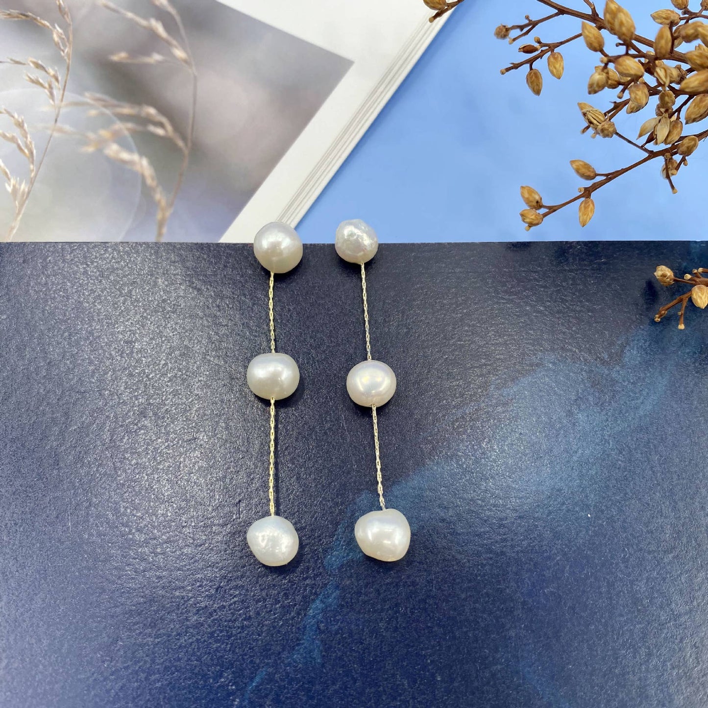 S925 Silver needle natural pearl long earrings