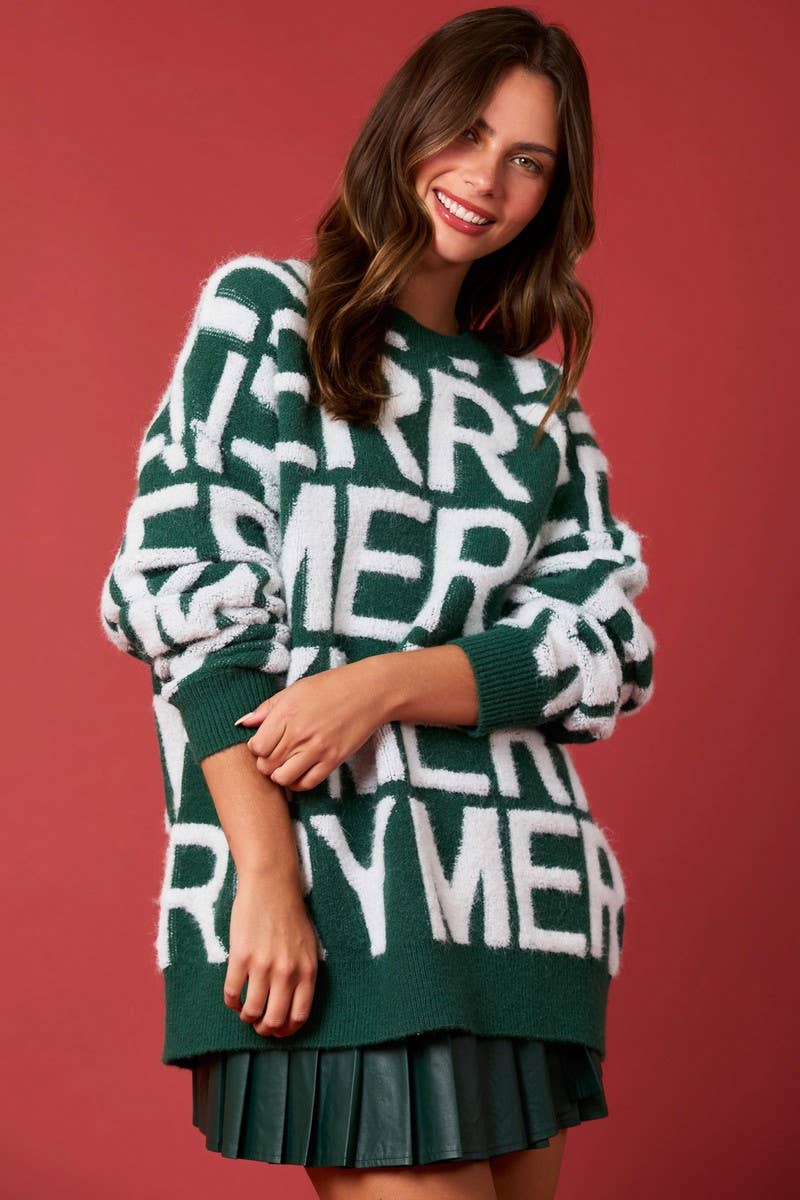 CWOSWL07750_CHRISTMAS LETTER LOOSE KNIT PULLOVER SWEATER