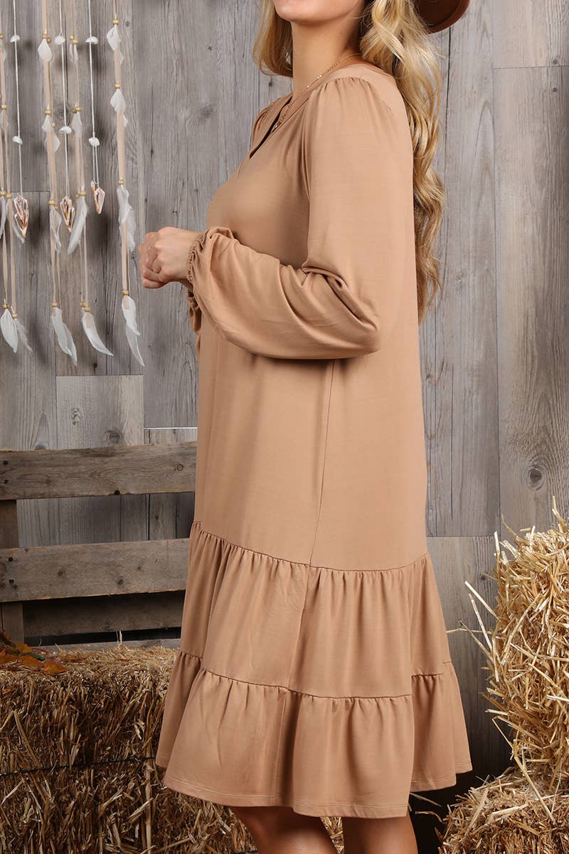 CWDSD10356_LONG SLEEVE SHIRRING LAYERED HEM MINI DRESS