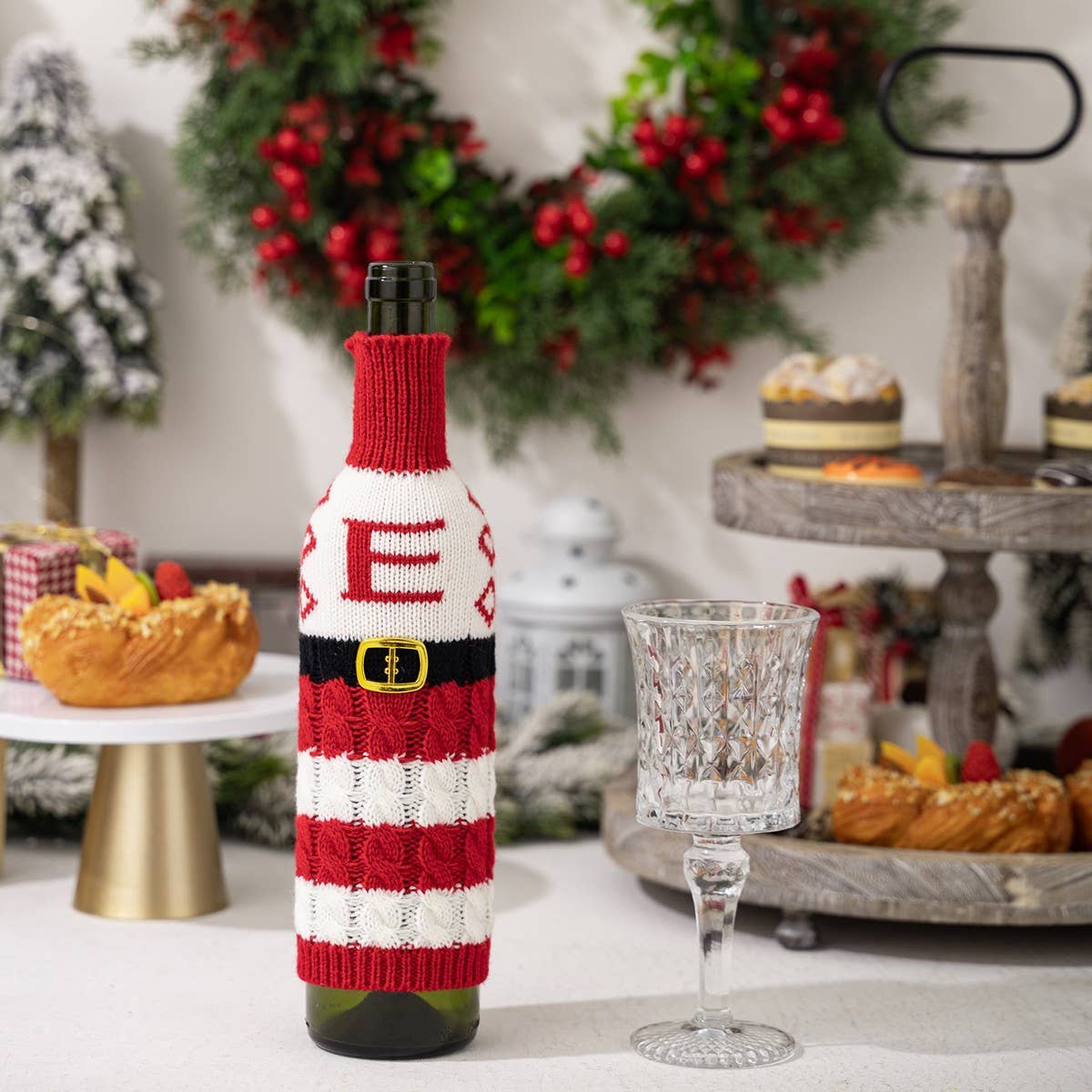 CWMM10337_KNITTED LETTER WINE BOTTLE COVER RED WHITE STRIPES