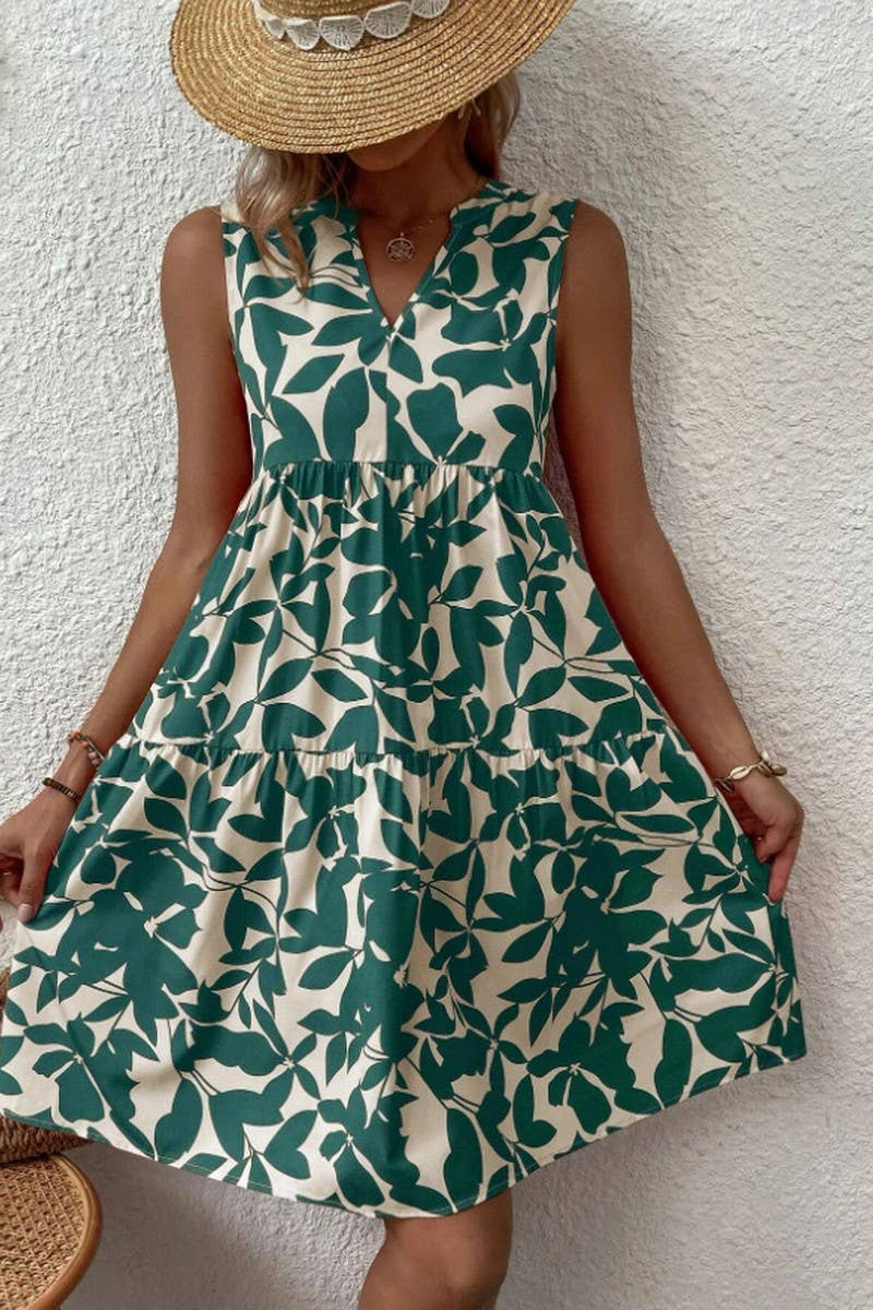CWDSD8560_PRINTED V-NECK SLEEVELESS TIERED DRESS