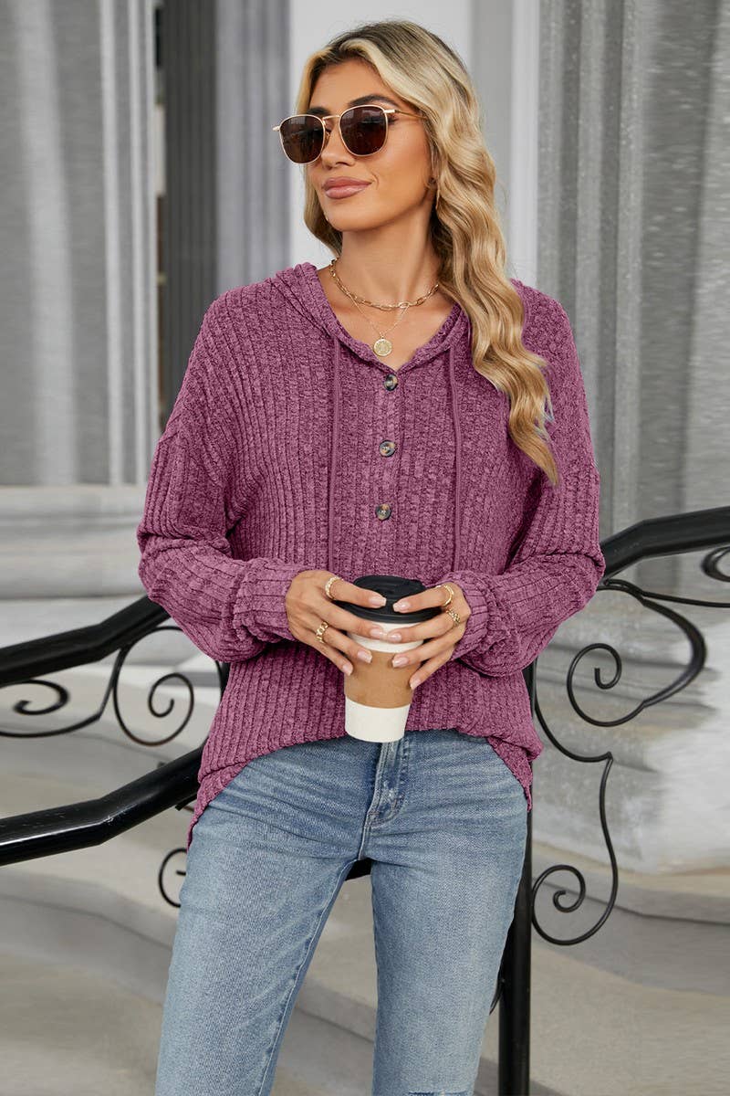 CWOHOL1093_SOLID COLOR HOODED BUTTON LOOSE SWEATSHIRT