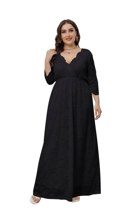 CWDMD3208_PLUS SIZE V NECK LACE LONG GOWN DRESS