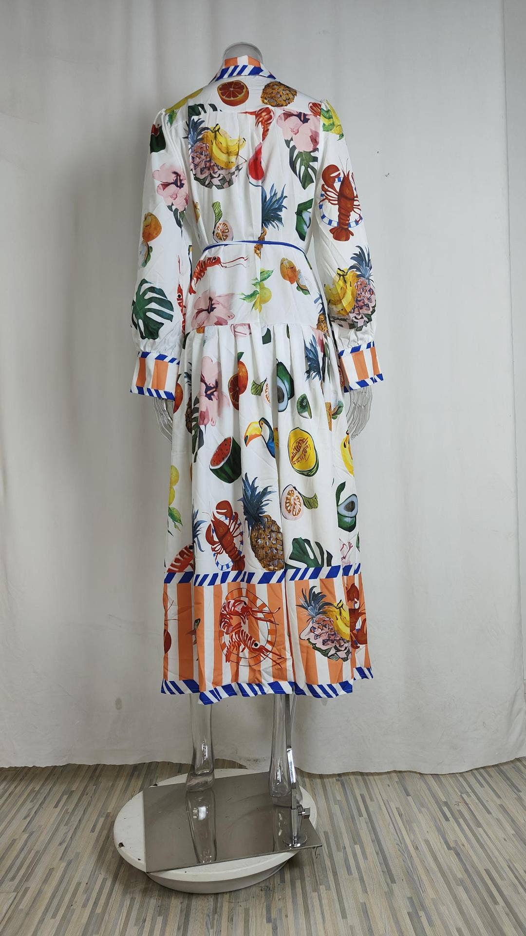 LANTERN SLEEVE PRINTED LAPEL LONG-SLEEVED DRESS