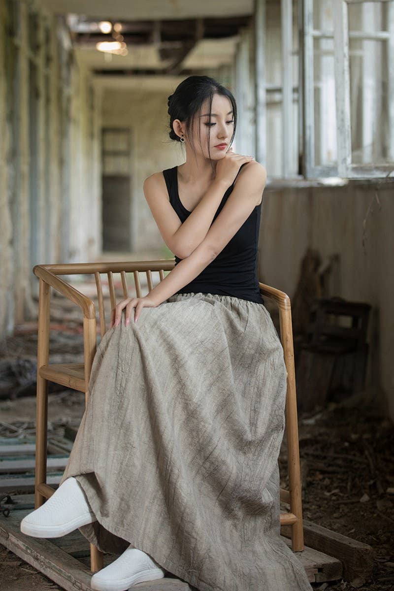 CWBLS0307_COTTON AND LINEN ELASTIC WAIST LONG LOOSE SKIRT