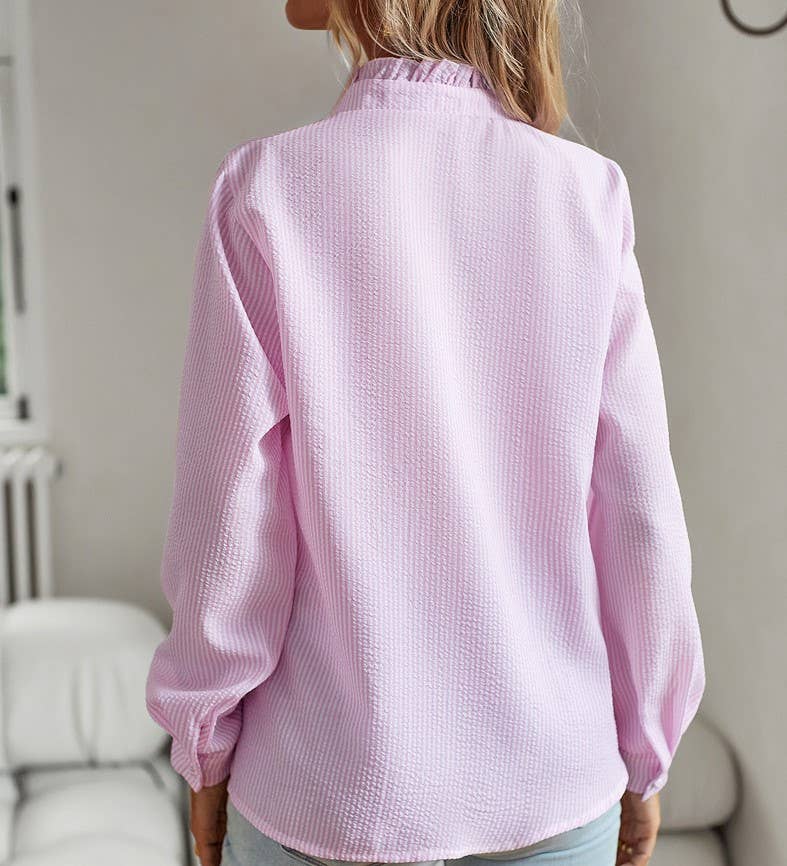 Striped ruffled long-sleeve single-breasted shirt