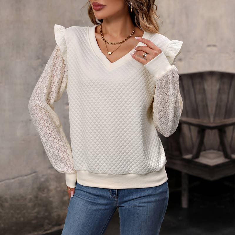 TEXTURE RUFFLED LACE PATCHWORK HOODIE