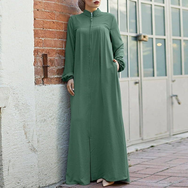 ARABIC STYLE STAND-UP COLLAR ZIPPER RELAXED DRESS