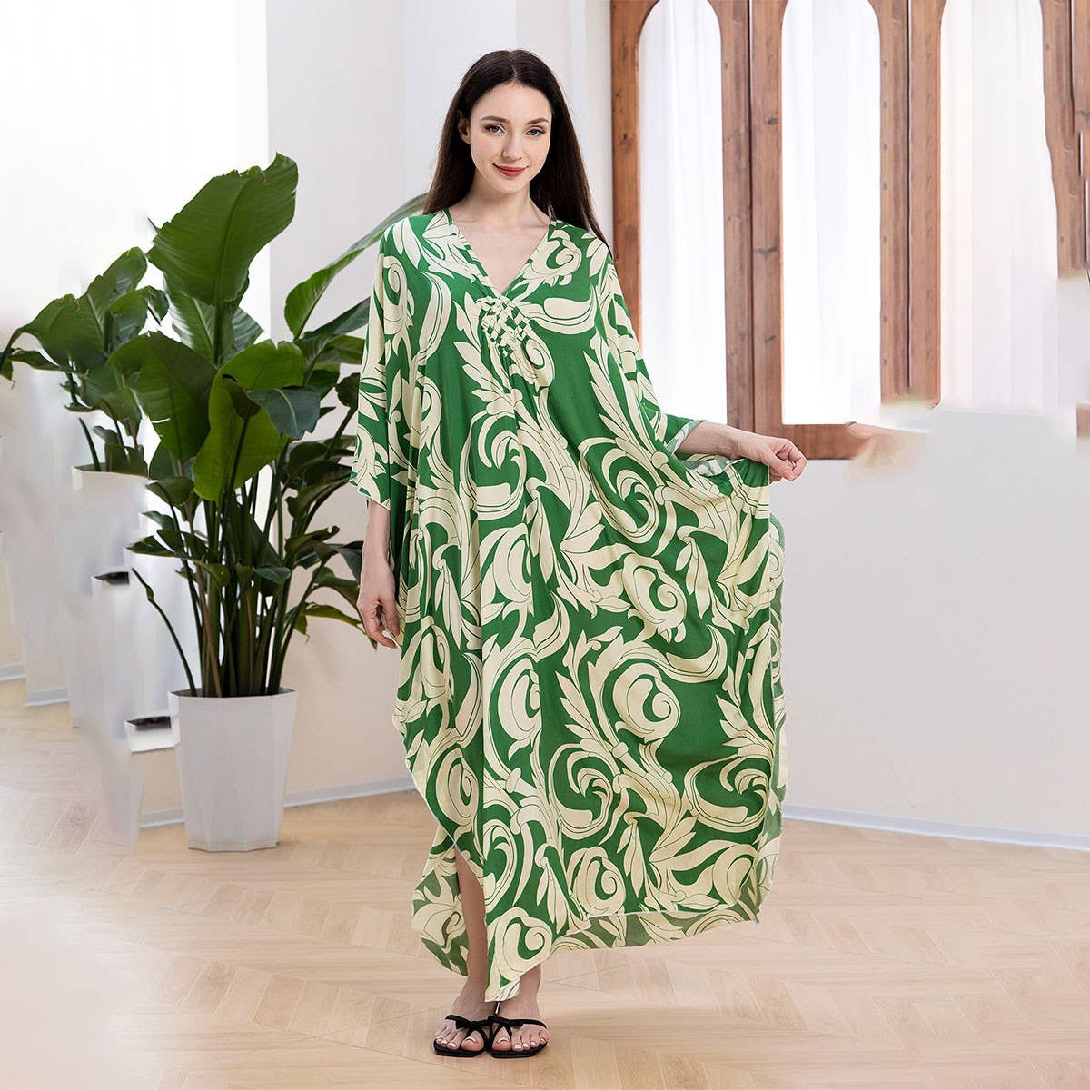 Leaf Print Loose Beach Cover-Up for Vacation