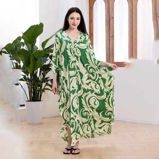Leaf Print Loose Beach Cover-Up for Vacation