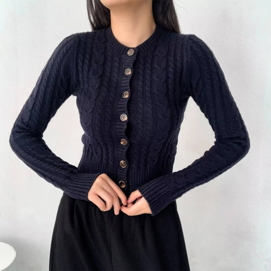 VINTAGE BUTTON-TWIST KNIT SHORT CARDIGAN SWEATER