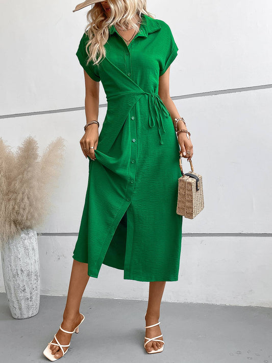 Polo neck short-sleeved high-waisted split dress