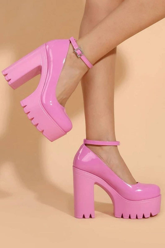 WOMEN PINK CHUNKY HEELED ANKLE STRAP ROUND PUMPS