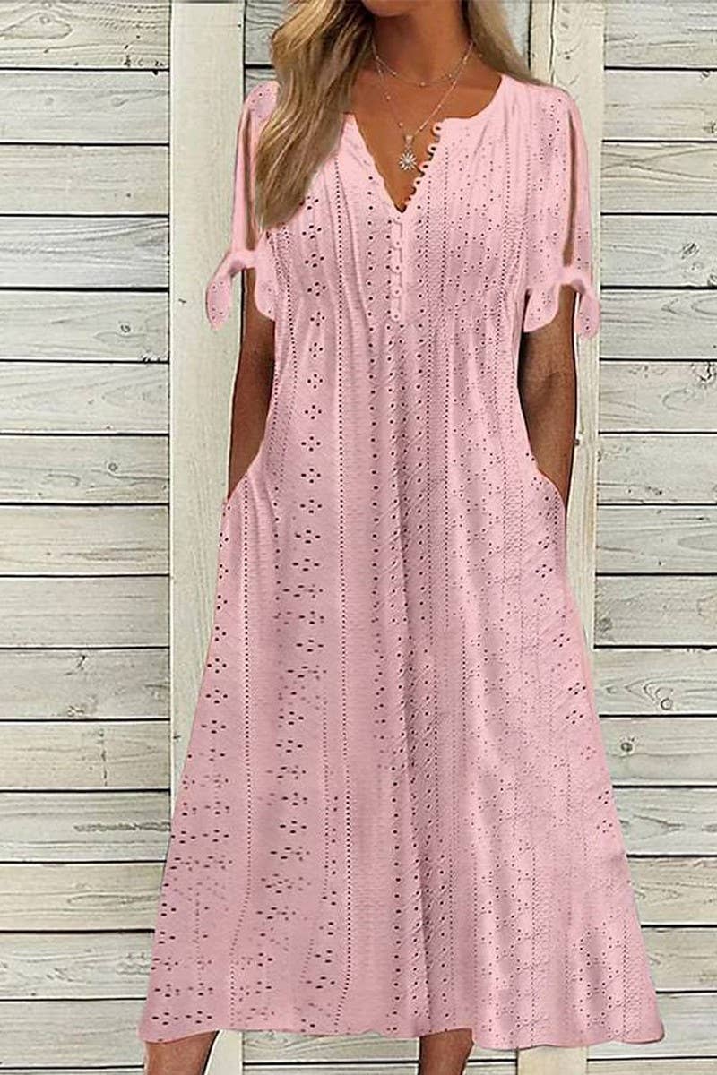 CWDMD5497_SUMMER V-NECK LACE HOLLOW RUFFLE DRESS