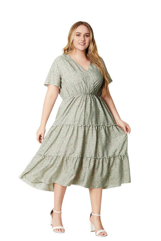 CWDMD3226_PLUS SIZE V NECK SHORT SLEEVE FLORAL DRESS