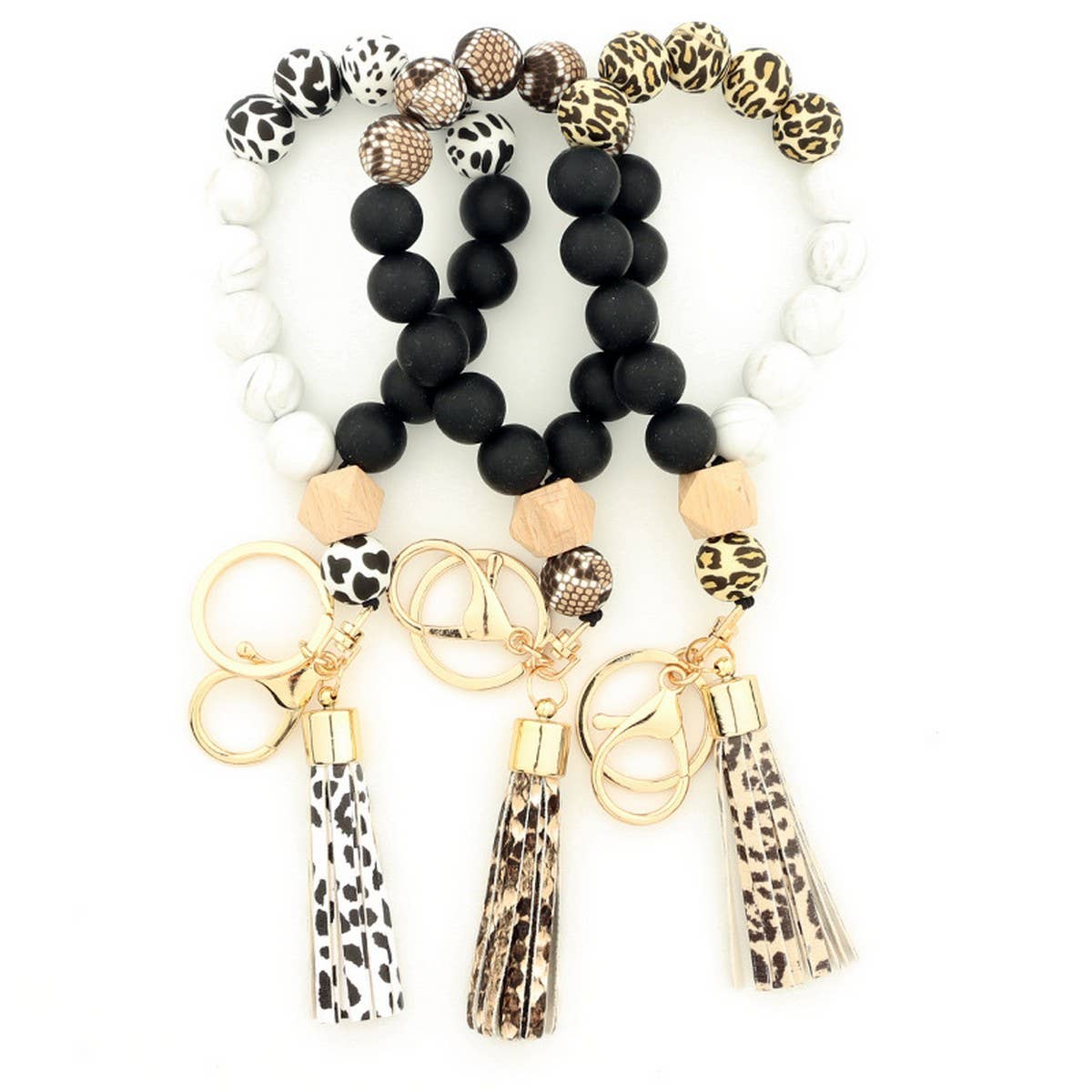 Silicone & Wood Bead Bracelet with Leather Keychain