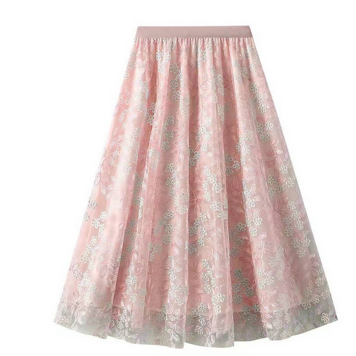 Embroidered Layered Tulle Skirt with Elastic Waist
