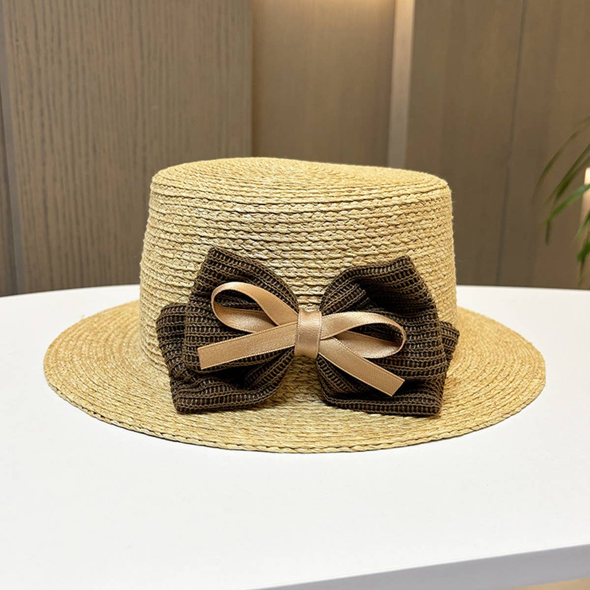 RETRO VACATION TRAVEL SUNSHADE BOW STRAW HAT_CWAH1215