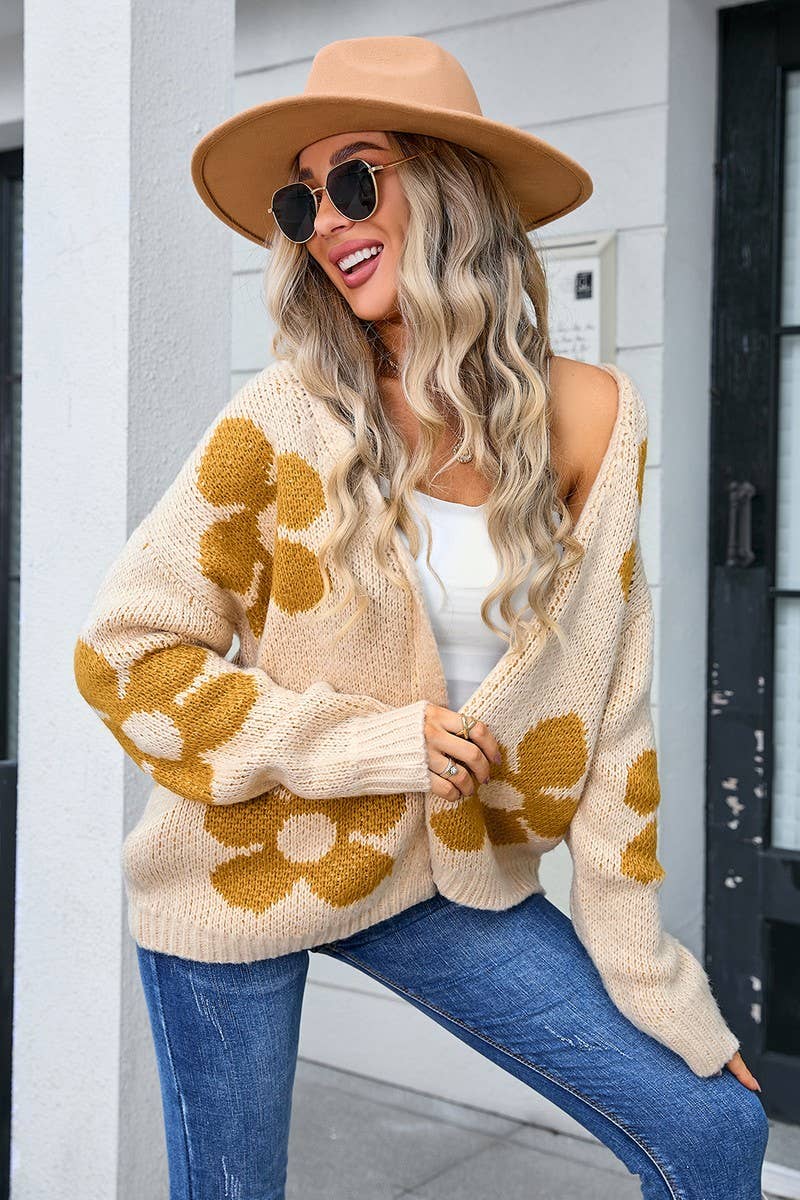 CWOCAL0917_FLORAL PRINT LOOSE KNIT CARDIGAN