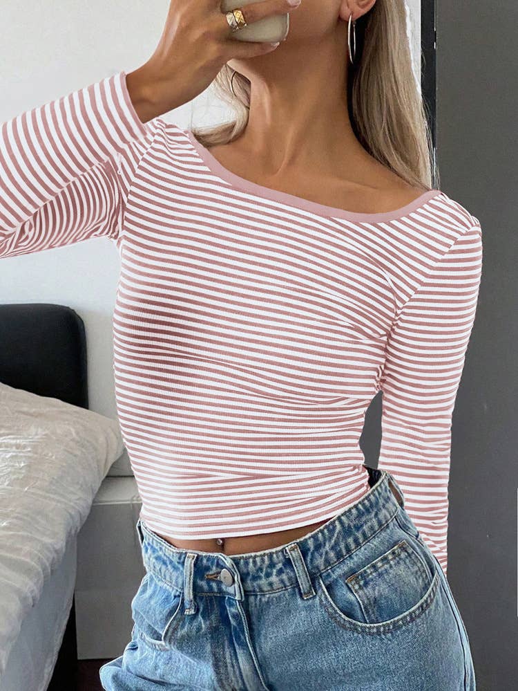 Y2K STRIPED COLOR CONTRAST BACKLESS T-SHIRT