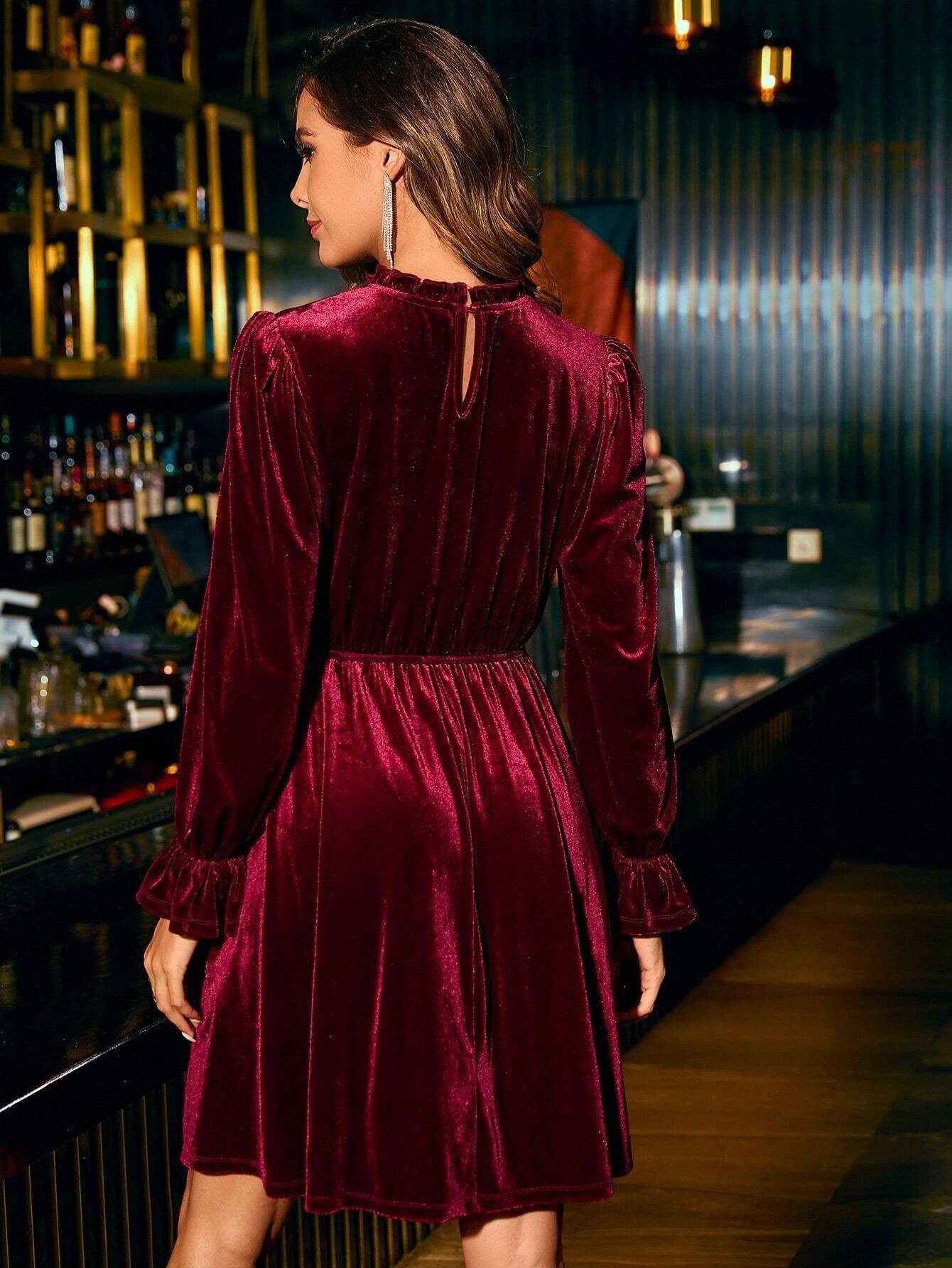 VELVET SEMI HIGH NECK WAIST A SWING SHORT DRESS