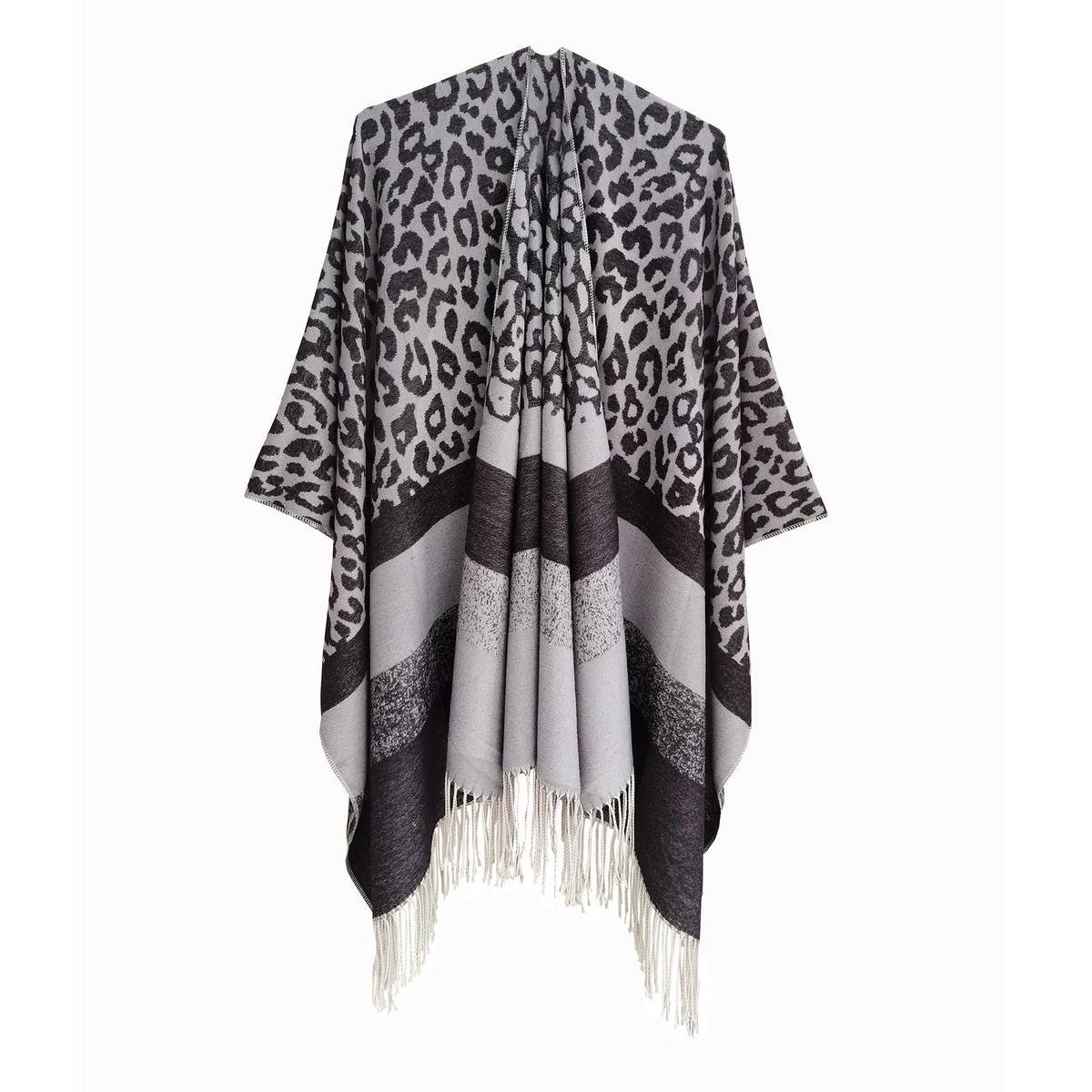 LEOPARD PRINT STRIPED TASSEL WARM SPLIT SHAWL