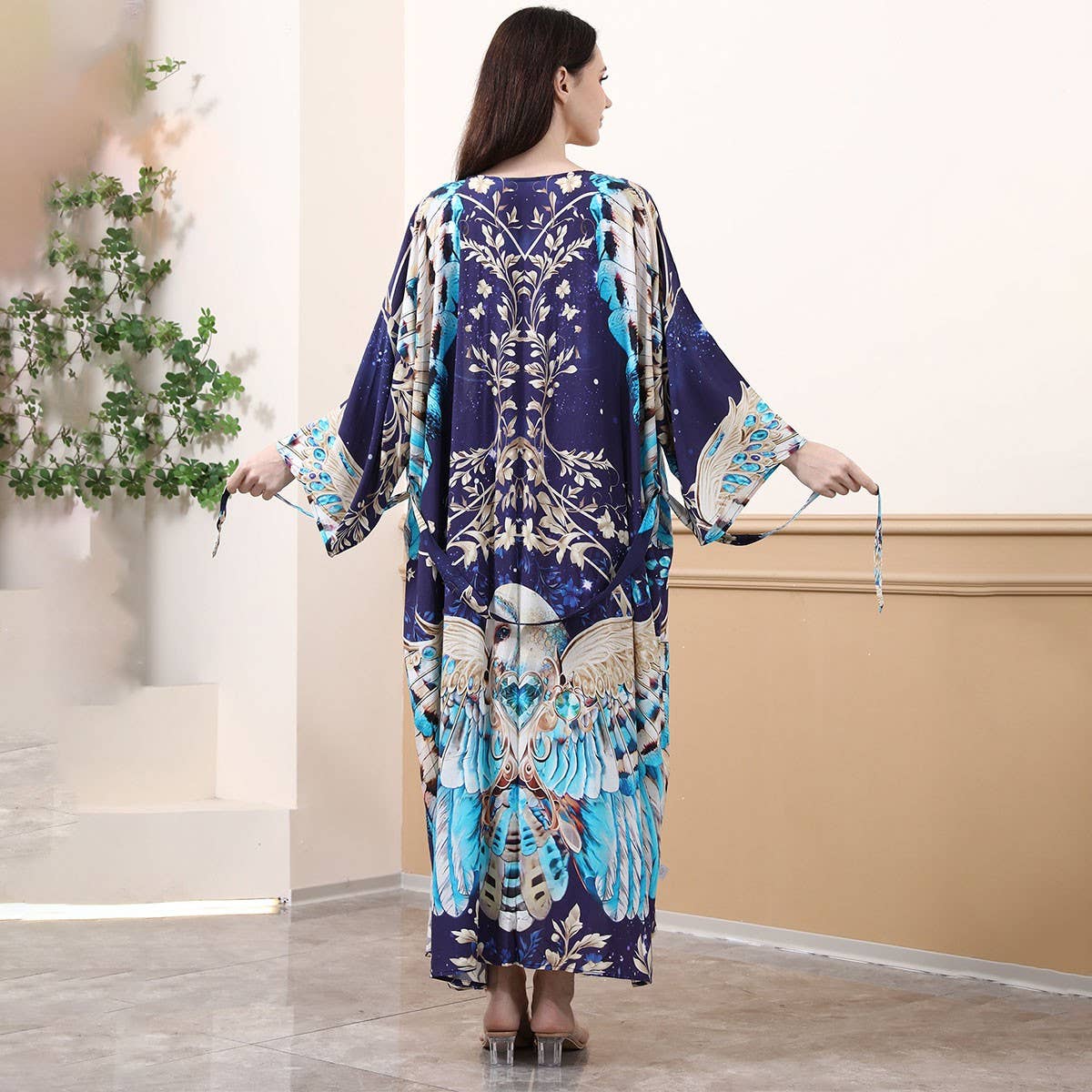 Eagle Print Rayon Beach Kimono Cover-Up