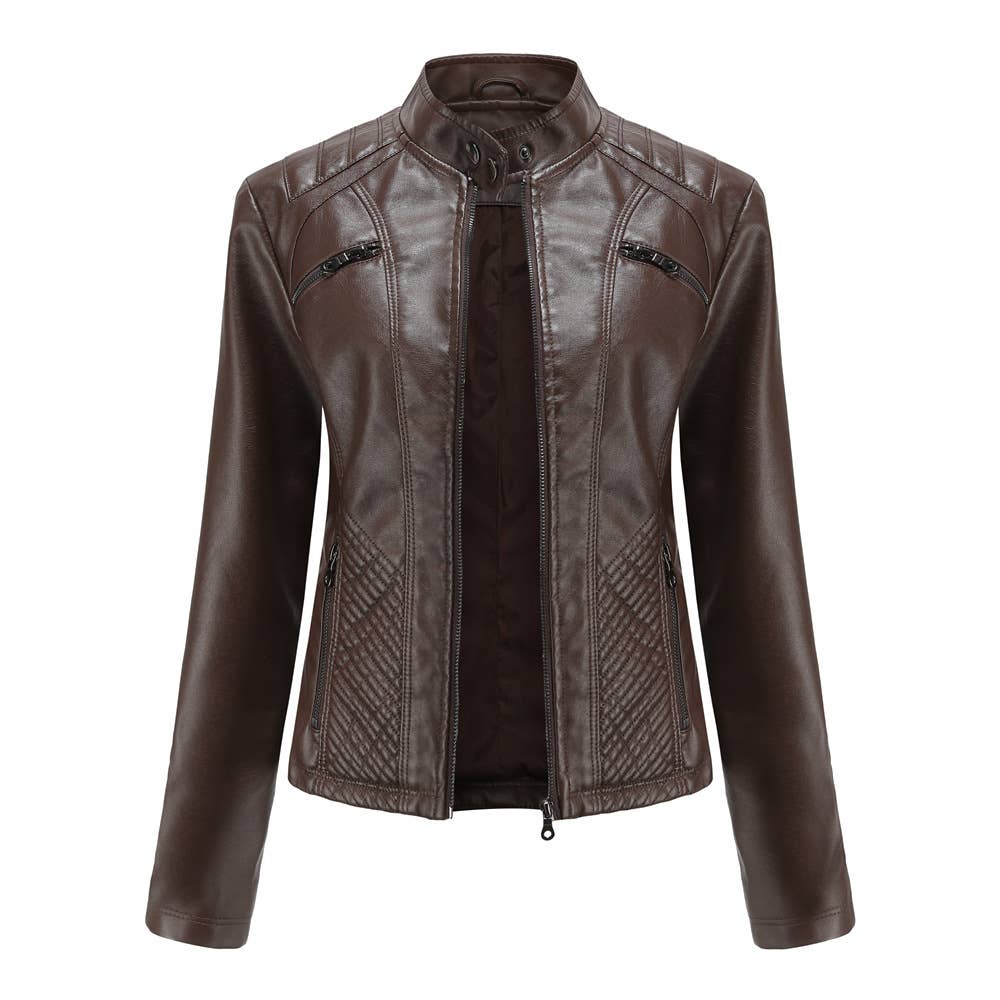 Women's leather stand-up collar jacket