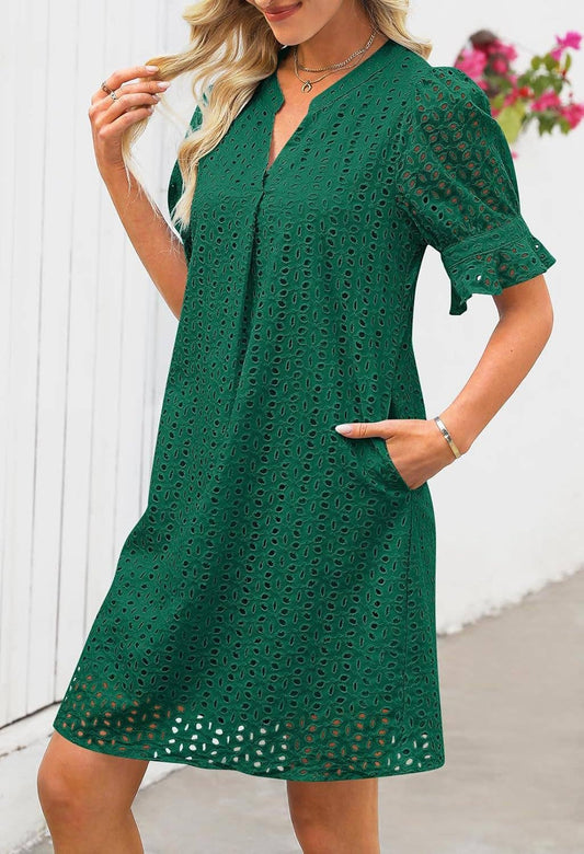 RETRO V-NECK CRINKLED CUT-OUT DRESS_CWDSD10651