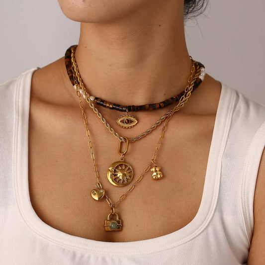 New 18K Steel Sunflower & Evil Eye Necklace