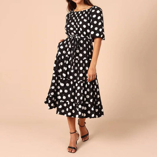Lace-up polka-dot pleated short-sleeved dress