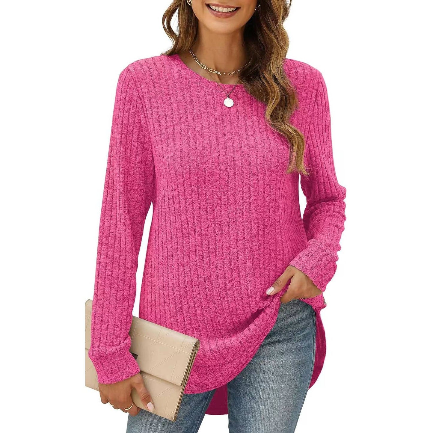 SOLID COLOR ROUND NECK LONG SLEEVE BRUSHED SHIRT