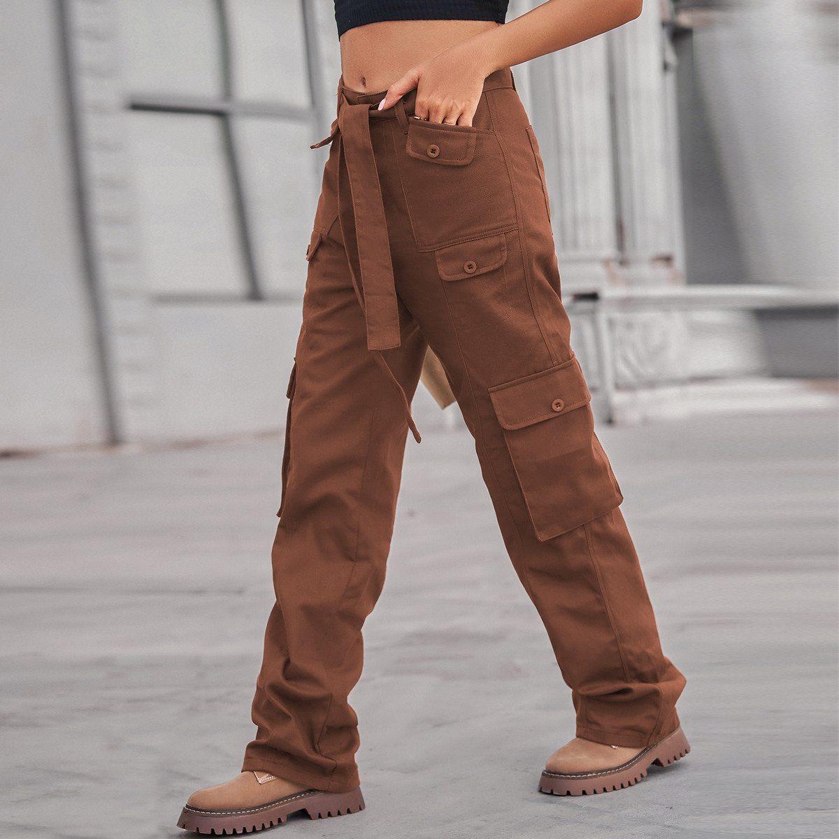 Casual Washed Denim Multi-Pocket Cargo Pants_CWJP0633
