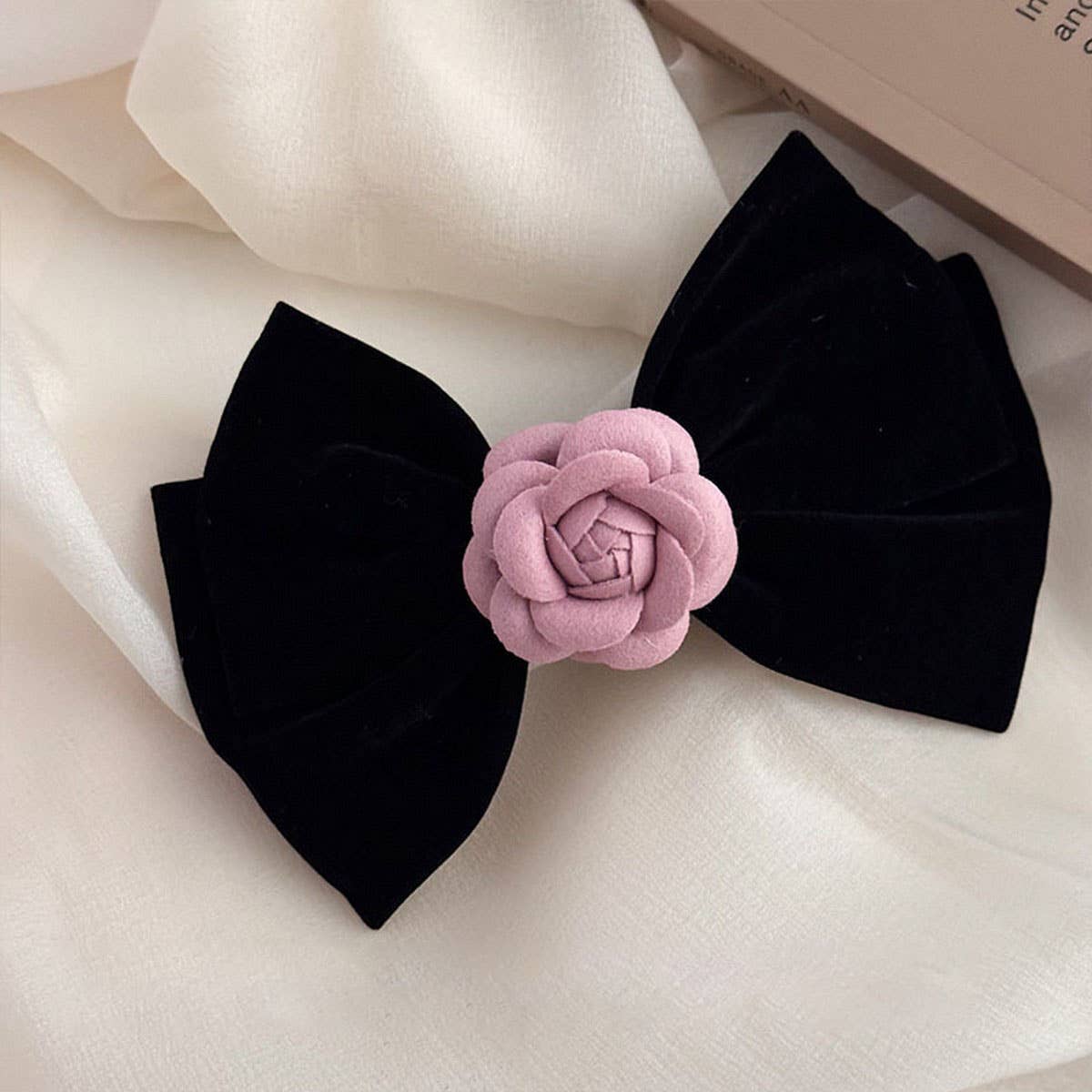 NEW BLACK VELVET PINK CAMELLIA HAIRPIN