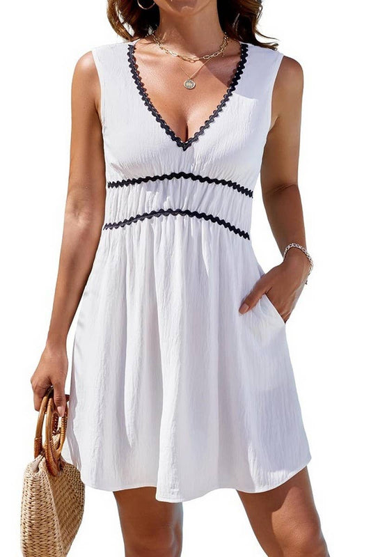 CWDSD8711_LACE TRIM V-NECK SLEEVELESS BEACH DRESS