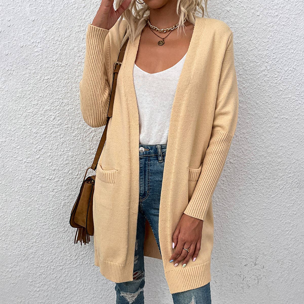 SOLID COLOR POCKET KNIT LONG UNBUTTONED CARDIGAN