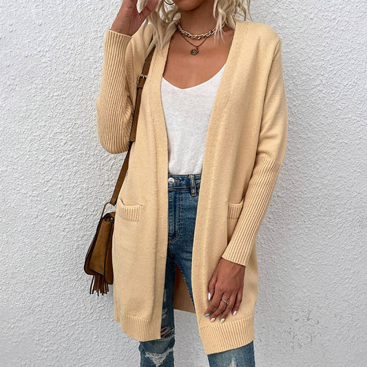 SOLID COLOR POCKET KNIT LONG UNBUTTONED CARDIGAN