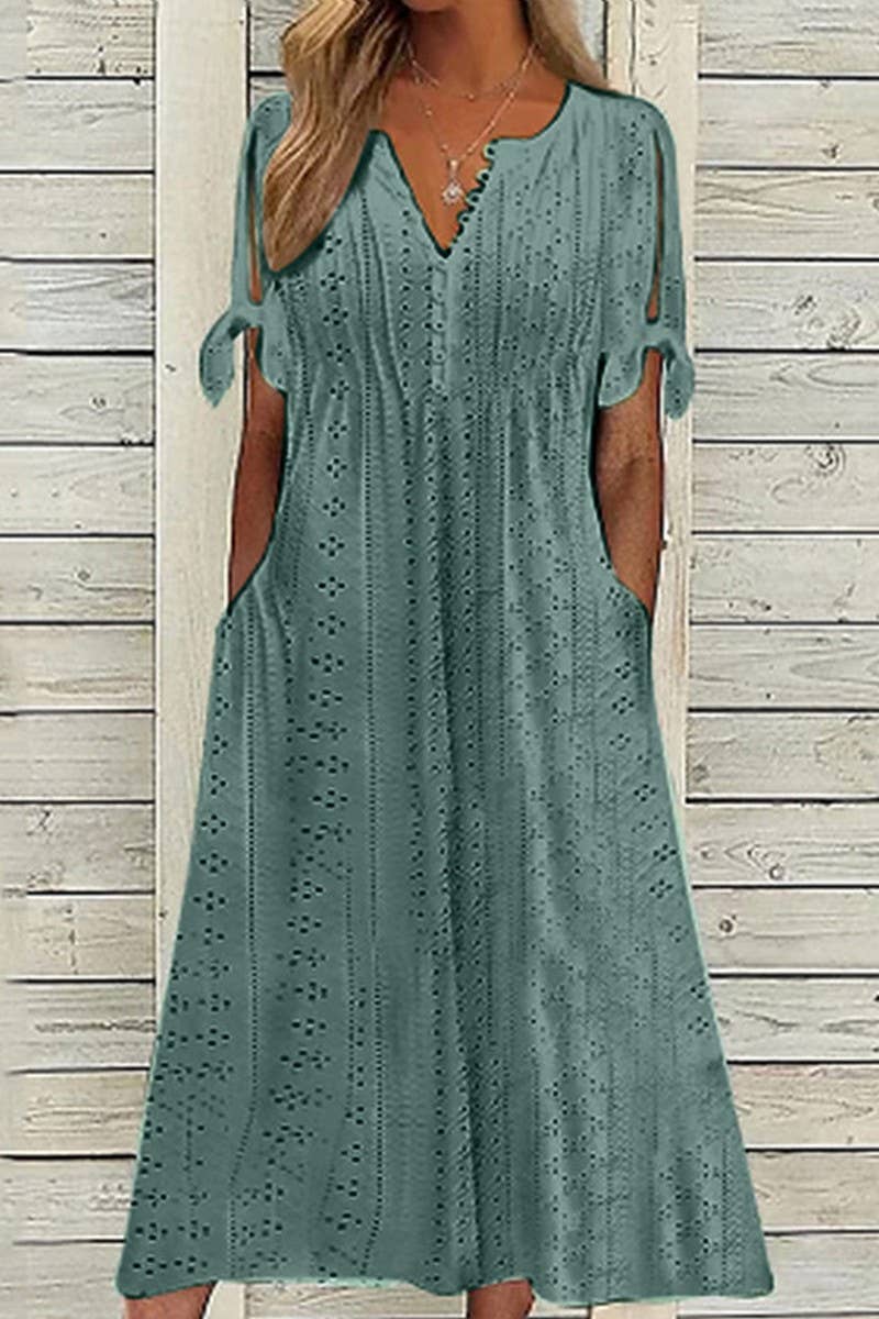CWDMD5497_SUMMER V-NECK LACE HOLLOW RUFFLE DRESS