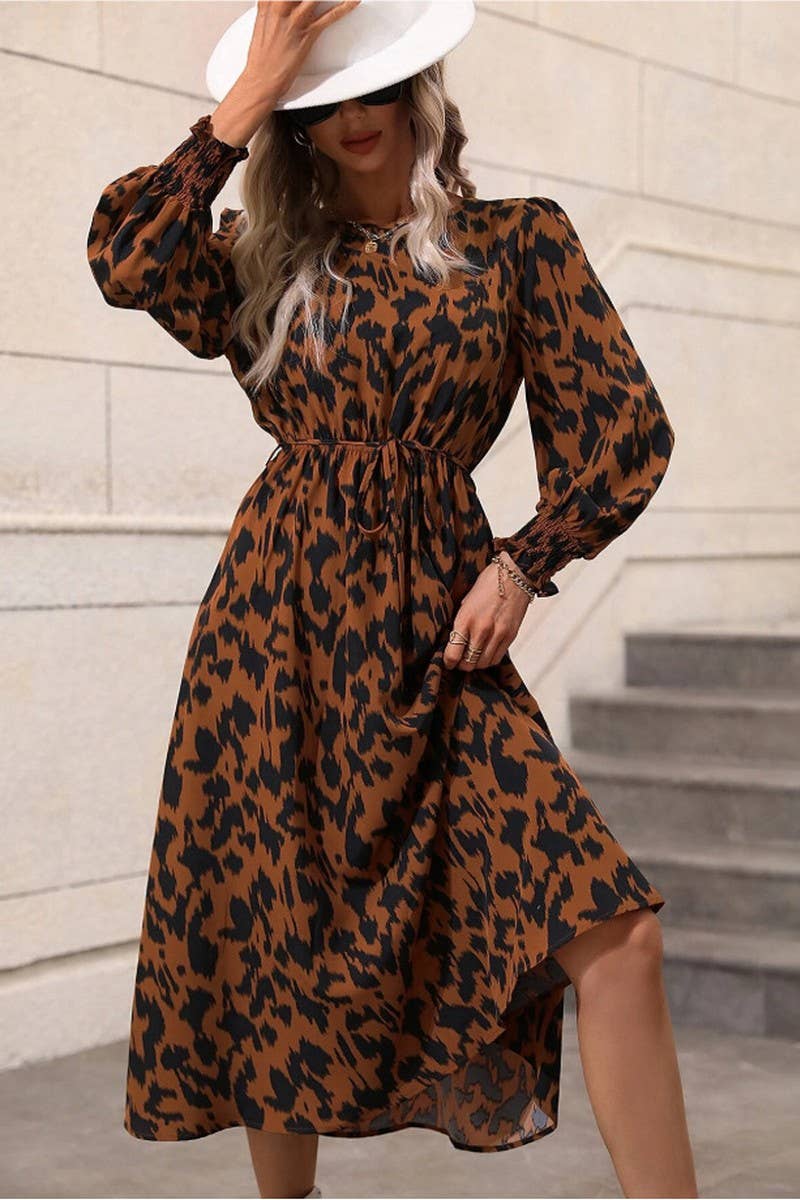 CWDSD6570_LEOPARD PRINT TIE LONG SLEEVE SWING DRESS