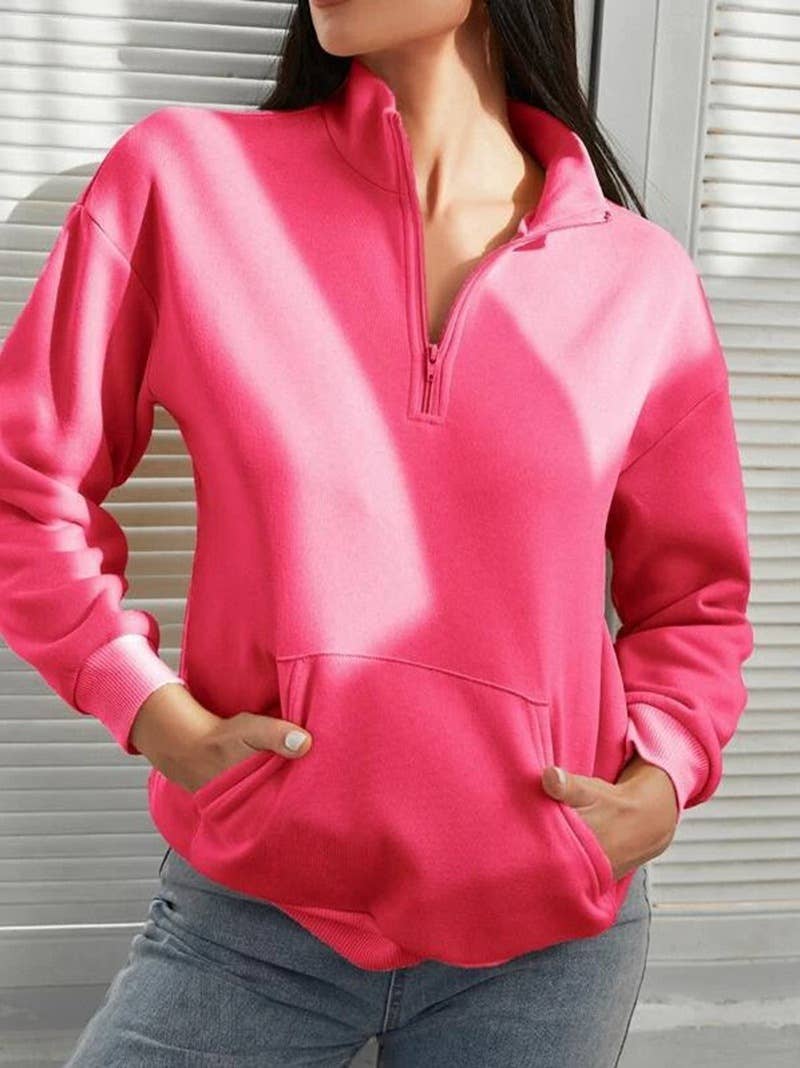 SOLID COLOR HALF ZIP POCKET STAND COLLAR HOODIE
