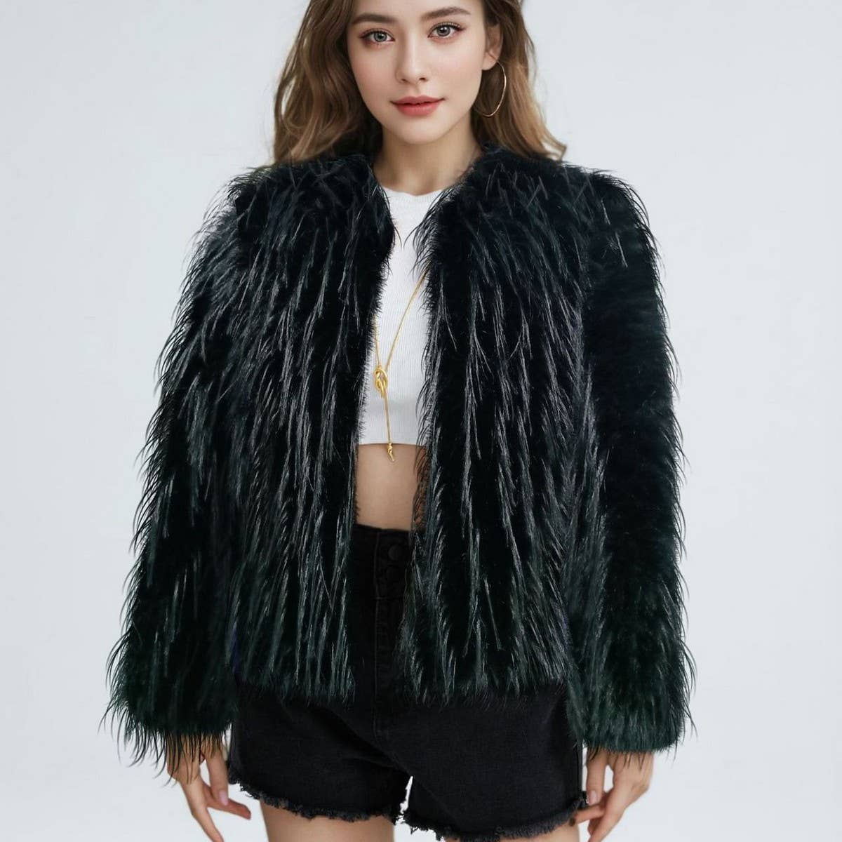 Fringed Faux Fur Short Coat Women Solid Color
